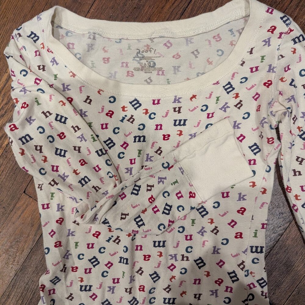 Poof! Vintage alphabet shirt long sleeve women's medium